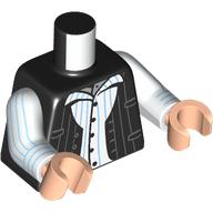 Visuel indicatif Rebrickable de Torse, veste noire, chemise blanche avec motif imprimé à rayures verticales azur moyen, bras blancs, mains nougat clair (Torso, Black Jacket, White Shirt with Medium Azure Vertical Stripes Print, White Arms, Light Nougat Hands)