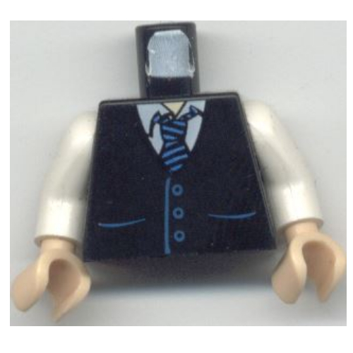 Visuel indicatif Rebrickable de Torse, Gilet avec poches et motif imprimé cravate rayée bleue, bras blancs, mains nougat clair (Torso, Vest with Pockets and Blue Striped Tie Print, White Arms, Light Nougat Hands)