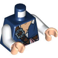 Visuel indicatif Rebrickable de Torse, jerkin avec chemise blanche ouverte et ceintures et motif imprimé de ceinture rouge, blanc et bleu, bras blancs, mains nougat clair (Torso, Jerkin with White Open Shirt and Belts and Red, White and Blue Sash Print, White Arms, Light Nougat Hands)