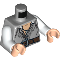 Visuel indicatif Rebrickable de Torse, ouvert Gilet avec broderie gris bleuâtre foncé et motif imprimé ceinture marron foncé, bras blancs, mains nougat clair (Torso, Open Vest with Dark Bluish Gray Embroidery and Dark Brown Belt Print, White Arms, Light Nougat Hands)
