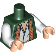 Visuel indicatif Rebrickable de Torse, Gilet avec bordure rouge foncé et or sur blanc Chemise motif imprimé, bras blancs, mains nougat clair (Torso, Vest with Dark Red and Gold Trim over White Shirt Print, White Arms, Light Nougat Hands)