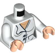 Visuel indicatif Rebrickable de Torse, Lab Manteau avec 2 poches, boutons et or Collier motif imprimé, bras blancs, mains nougat clair (Torso, Lab Coat with 2 Pockets, Buttons and Gold Necklace Print, White Arms, Light Nougat Hands)