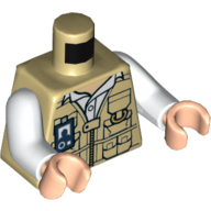 Visuel indicatif Rebrickable de Torse, Gilet avec pochettes, poches, badge d'identité et motif imprimé chemise blanche, bras blancs, mains nougat clair (Torso, Vest with Pouches, Pockets, ID Badge, and White Shirt Print, White Arms, Light Nougat Hands)