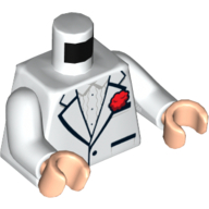 Visuel indicatif Rebrickable de Torse, veste en smoking sur chemise à volants, fleur rouge, deux poches imprimées (Bruce Wayne), bras blancs, mains nougat clair (Torso, Tuxedo Jacket over Ruffled Shirt, Red Flower, Two Pockets Print (Bruce Wayne), White Arms, Light Nougat Hands)