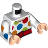 Visuel indicatif Rebrickable de Torse, grands pois multicolores, bras blancs avec grand motif imprimé de pois multicolores, mains nougat clair (Torso, Large Multi-Color Polka Dots, White Arms with Large Multi-Color Polka Dots Print, Light Nougat Hands)