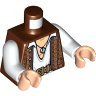 Visuel indicatif Rebrickable de Torse, Gilet avec motif or avec chemise blanche ouverte, ceinture et pendentif imprimé, bras blancs, mains nougat clair (Torso, Vest with Gold Design with White Open Shirt, Belt and Pendant Print, White Arms, Light Nougat Hands)