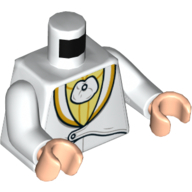 Visuel indicatif Rebrickable de Torse, smoking avec motif imprimé chemise jaune clair lumineux, bras blancs, mains nougat clair (Torso, Tuxedo with Bright Light Yellow Shirt Print, White Arms, Light Nougat Hands)