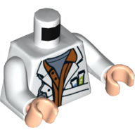 Visuel indicatif Rebrickable de Torse, Manteau de laboratoire, Tubes à essai, chemise orange, motif : T-shirt bleu sable, bras blancs, mains nougat clair (Torso, Lab Coat, Test Tubes, Orange Shirt, Sand Blue T-Shirt Print, White Arms, Light Nougat Hands)