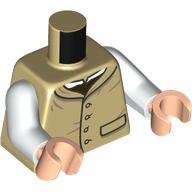 Visuel indicatif Rebrickable de Torse, veste, boutons, poche, chemise marron foncé/blanc, bras blancs, mains nougat clair (Torso, Jacket, Buttons, Pocket, Dark Brown/White Shirt, White Arms, Light Nougat Hands)