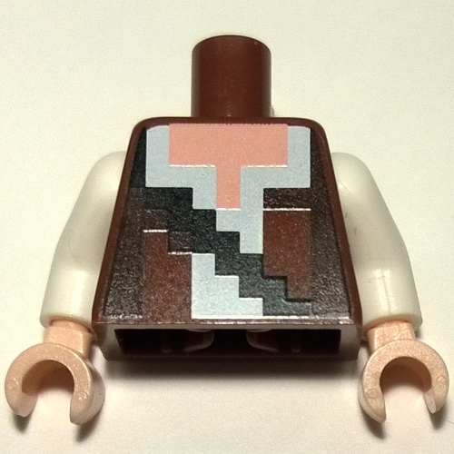 Visuel indicatif Rebrickable de Torse, gilet brun rougeâtre pixélisé et brun foncé sur chemise blanche et bracelet noir motif imprimé, bras blancs, mains nougat clair (Torso, Pixelated Reddish Brown and Dark Brown Vest over White Shirt and Black Strap Print, White Arms, Light Nougat Hands)