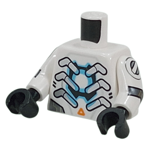 Torse, nervures métalliques argentées, placage d'armure, réacteur bleu, triangle orange, écailles noires sur motif imprimé dos, bras blancs, mains noires (Torso, Silver Metal Ribs, Armor Plating, Blue Reactor, Orange Triangle, Black Scales on Back Print, White Arms, Black Hands)