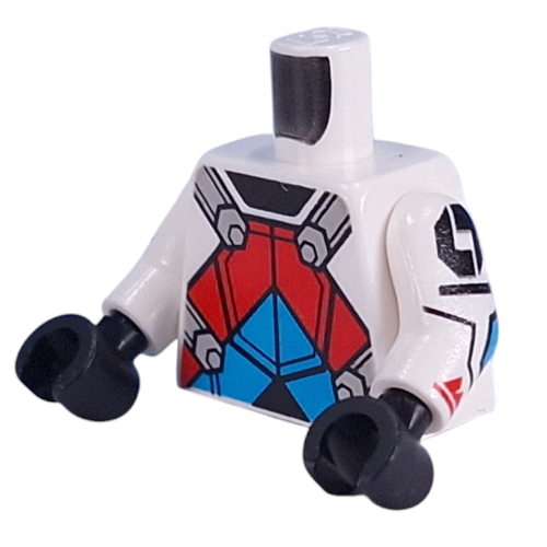 Torse, costume de pilote, sangles gris clair bleuté, armure rouge/azur foncé, sac à dos gris bleuté foncé avec indicateurs motif imprimé, bras blancs, mains noires (Torso, Pilot Suit, Light Bluish Grey Straps, Dark Azure/Red Armor, Dark Bluish grey Backpack with Indicators Print, White Arms, Black Hands)
