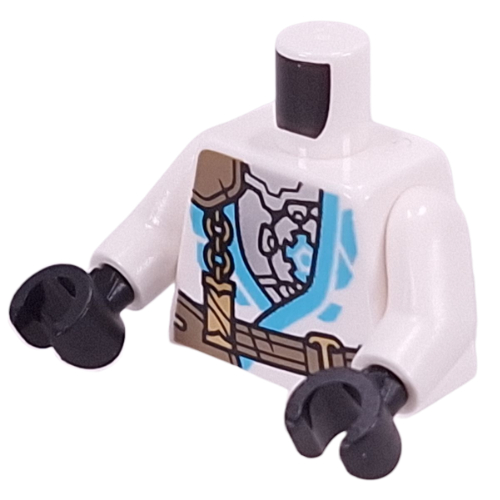 Torse, robes ninja, garniture azur moyen, bracelet beige foncé, chaîne en or, motif : armure argentée, bras blancs, mains noires (Torso, Ninja Robes, Medium Azure Trim, Dark Tan Strap, Gold Chain, Silver Armor Print, White Arms, Black Hands)