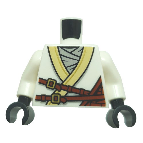 Torse, Ninja robe, or Garniture, chemise gris bleuté clair, bracelets brun rougeâtre, lion d'or sur le dos motif imprimé, bras blancs, mains noires (Torso, Ninja Robe, Gold Trim, Light Bluish Grey Shirt, Reddish Brown Straps, Gold Lion on Back Print, White Arms, Black Hands)