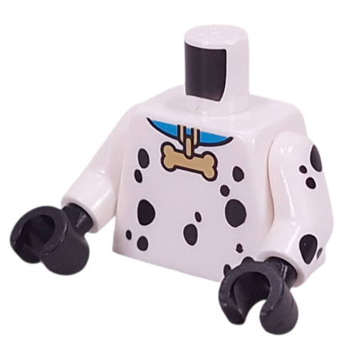 Torse, Taches dalmates noires, col bleu, Or Os Pendentif imprimé, bras blancs, mains noires (Torso, Black Dalmatian Spots, Blue Collar, Gold Bone Pendant Print, White Arms, Black Hands)
