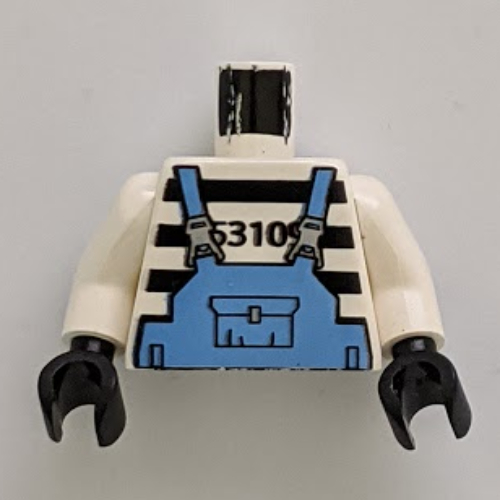 Torse, chemise de prison à rayures et salopette bleu moyen imprimé, bras blancs, mains noires (Torso, Prison Shirt with Stripes and Medium Blue Overalls Print, White Arms, Black Hands)