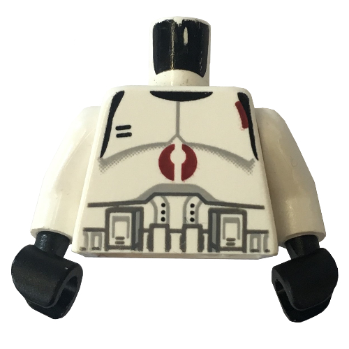 Visuel indicatif Rebrickable de Torse, armure clone trooper avec marque rouge foncé motif imprimé, bras blancs, mains noires (Torso, Armor Clone Trooper with Dark Red Mark Print, White Arms, Black Hands)