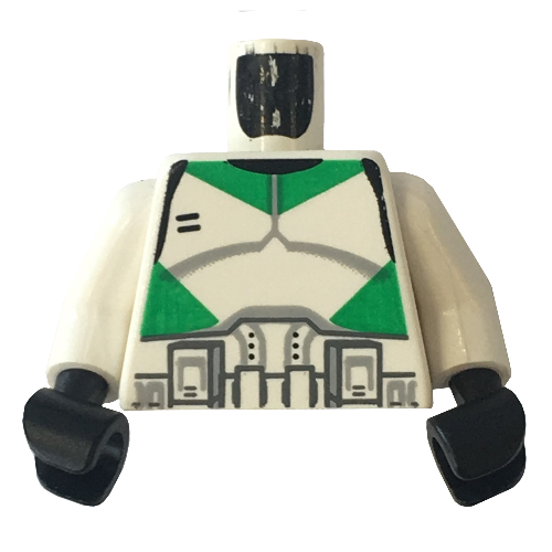 Torse, armure clone trooper avec motif imprimé de rayures vertes, bras blancs, mains noires (Torso, Armor Clone Trooper with Green Stripes Print, White Arms, Black Hands)