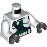 Visuel indicatif Rebrickable de Torse, armure clone trooper avec ceinture à l'épaule et des marques vert foncé motif imprimé, bras blancs, mains noires (Torso, Armor Clone Trooper with Shoulder Belt and Dark Green Markings Print, White Arms, Black Hands)