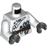 Visuel indicatif Rebrickable de Torse, blouse de laboratoire et ceinture à outils motif imprimé (scientifique), bras blancs, mains noires (Torso, Lab Coat and Tool Belt Print (Scientist), White Arms, Black Hands)