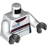 Visuel indicatif Rebrickable de Torse, veste de course, inscription 'PORSCHE MOTORSPORT', logo 'Mobil' et motif imprimé col rouge, bras blancs, mains noires (Torso, Racing Jacket, 'PORSCHE MOTORSPORT', 'Mobil' Logo and Red Collar Print, White Arms, Black Hands)
