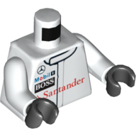 Visuel indicatif Rebrickable de Torse, veste de course, mercedes, mobil 1, patron, et logos santander motif imprimé, bras blancs, mains noires (Torso, Racing Jacket, Mercedes, Mobil 1, BOSS, and SANTANDER Logos Print, White Arms, Black Hands)