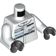Visuel indicatif Rebrickable de Torse, veste de course, Mobil 1 et DMG MORI Logos / PORSCHE et DMG MORI Logos sur motif imprimé dos, bras blancs, mains noires (Torso, Racing Jacket, Mobil 1 and DMG MORI Logos / PORSCHE and DMG MORI Logos on Back Print, White Arms, Black Hands)