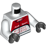 Visuel indicatif Rebrickable de Torse, costume de course avec logo Audi, 'Audi Sport e-tron quattro' / logo Audi sur motif imprimé dos, bras blancs, mains noires (Torso, Race Suit with Audi Logo, 'Audi Sport e-tron quattro' / Audi Logo on Back Print, White Arms, Black Hands)