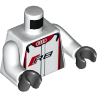 Visuel indicatif Rebrickable de Torse, Veste de course avec logo Audi et motif imprimé 'R8', bras blancs, mains noires (Torso, Racing Jacket with Audi Logo and 'R8' Print, White Arms, Black Hands)