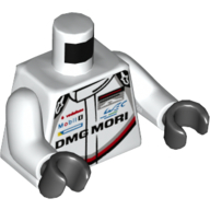 Torse, costume de course avec 'PORSCHE DMG MORI' et noir, rouge et lumière rayé gris bleuté sur le devant et le dos motif imprimé, bras blancs, mains noires (Torso, Race Suit with 'PORSCHE DMG MORI' and Black, Red and Light Bluish Gray Stripe on Front and Back Print, White Arms, Black Hands)