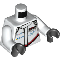 Torse, costume de course avec logo Mobil sur le devant motif imprimé, bras blancs, mains noires (Torso, Race Suit with Mobil Logo on Front Print, White Arms, Black Hands)