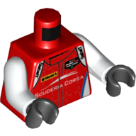 Visuel indicatif Rebrickable de Torse, veste de course, logo 'Sabelt' sur les épaules et logo 'SCUDERIA CORSA' sur le devant et le dos, bras blancs, mains noires (Torso, Racing Jacket, 'Sabelt' Logo on Shoulders and 'SCUDERIA CORSA' Logo on Front and Back Print, White Arms, Black Hands)