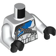 Torse, armure de soldat clone, marquages bleus, sangles gris bleuté foncé, motif imprimé garde-épaule noir, bras blancs, mains noires (Torso, Clone Trooper Armor, Blue Markings, Dark Bluish Grey Straps, Black Shoulder Guard Print, White Arms, Black Hands)