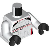 Visuel indicatif Rebrickable de Torse, costume de course, bord noir et rouge, motif : inscription 'PORSCHE MOTORSPORT', bras blancs, mains noires (Torso, Race Suit, Black and Red Trim, 'PORSCHE MOTORSPORT' Print, White Arms, Black Hands)