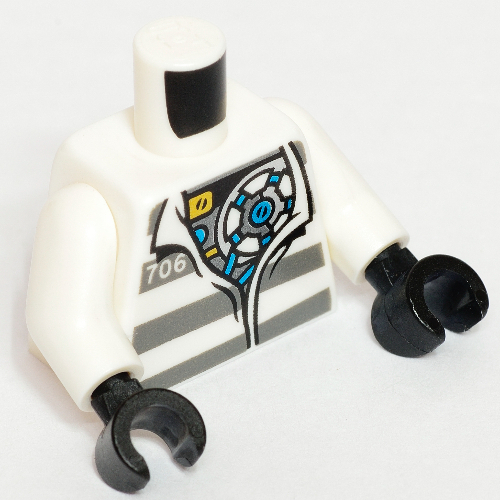 Visuel indicatif Rebrickable de Torse, chemise de prison à rayures gris bleuté foncé, chemise ouverte avec '706' sur le corps mécanique / lignes d'omoplate noires sur le dos motif imprimé, bras blancs, mains noires (Torso, Prison Shirt with Dark Bluish Gray Stripes, Open Shirt with '706' over Mechanical Body / Black Shoulder Blade Lines on Back Print, White Arms, Black Hands)