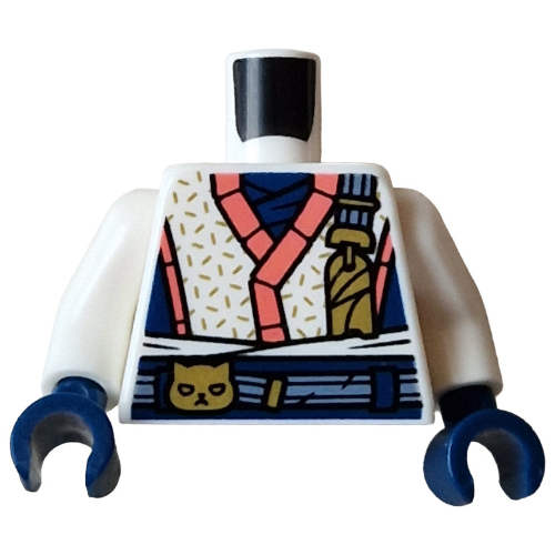 Torse, robes de ninja, bord bleu foncé/corail, ceinture bleu foncé, motif imprimé chat or, bras blancs, mains bleu foncé (Torso, Ninja Robes, Dark Blue/Coral Trim, Dark Blue Belt, Gold Cat Print, White Arms, Dark Blue Hands)