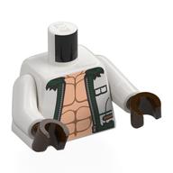 Visuel indicatif Rebrickable de Torse, veste ouverte, bord vert foncé, nougat clair poitrine musclée motif imprimé, bras blancs, mains brun foncé (Torso, Open Jacket, Dark Green Trim, Light Nougat Muscled Chest Print, White Arms, Dark Brown Hands)