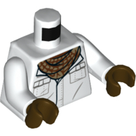 Torse, Chemise avec poches, Marron rougeâtre et Écharpe beige foncé motif imprimé, bras blancs, mains brun foncé (Torso, Shirt with Pockets, Reddish Brown and Dark Tan Scarf Print, White Arms, Dark Brown Hands)