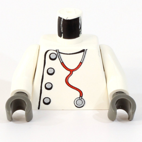 Visuel indicatif Rebrickable de Manteau de laboratoire torse, boutons gris, stéthoscope imprimé (savant fou), bras blancs, mains gris foncé (Torso Lab Coat, Gray Buttons, Stethoscope Print (Mad Scientist), White Arms, Dark Gray Hands)