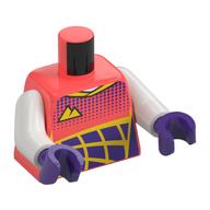 Torse, chemise de course, motif or et violet foncé, logo de montagne imprimé, bras blancs, mains pourpre foncé (Torso, Race Shirt, Gold and Dark Purple Pattern, Mountain Logo Print, White Arms, Dark Purple Hands)