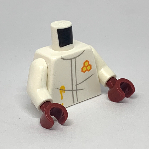 Visuel indicatif Rebrickable de Torse, veste avec tache de miel, et motif imprimé logo nid d'abeille, bras blancs, mains rouge foncé (Torso, Jacket with Honey Stain, and Honeycomb Logo Print, White Arms, Dark Red Hands)
