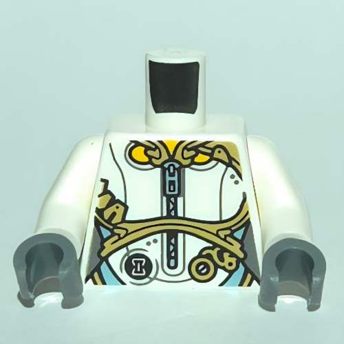 Visuel indicatif Rebrickable de Torse, gilet, fermeture éclair azur moyen, décorations dorées, sablier motif imprimé, bras blancs, mains gris bleuté foncé (Torso, Vest, Medium Azure Zipper, Gold decorations, Hourglass Print, White Arms, Dark Bluish Gray Hands)