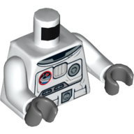 Combinaison spatiale torse avec espace Logo et équipement imprimé devant et dos, bras blancs, mains gris bleuté foncé (Torso Spacesuit with Space Logo and Equipment Print Front and Back, White Arms, Dark Bluish Gray Hands)