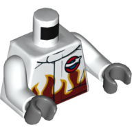 Veste de course de torse avec des flammes rouge foncé et logo de l'espace motif imprimé, bras blancs, mains gris bleuté foncé (Torso Racing Jacket with Dark Red Flames and Space Logo Print, White Arms, Dark Bluish Gray Hands)