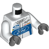 Costume de course de torse avec le logo de Ford et 'GT' sur l'avant et le logo de Ford / 'Powered by EcoBoost' sur le motif imprimé à l'arrière, bras blancs, mains gris bleuté foncé (Torso Race Suit with Ford Logo and 'GT' on Front and Ford Logo / 'Powered by EcoBoost' on Back Print, White Arms, Dark Bluish Gray Hands)