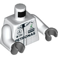 Costume de course torse avec patron, mercedes-benz, petronas, puma et ubs logos, devant et dos motif imprimé, bras blancs, mains gris bleuté foncé (Torso Race Suit with Boss, Mercedes-Benz, Petronas, Puma and UBS Logos, Front and Back Print, White Arms, Dark Bluish Gray Hands)