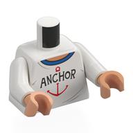 Chemise torse, col azur foncé, noir 'ANCHOR', motif imprimé ancre rouge, bras blancs, mains nougat (Torso Shirt, Dark Azure Collar, Black 'ANCHOR', Red Anchor Print, White Arms, Nougat Hands)