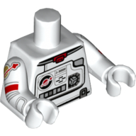 Costume d'espace de torse, panneau de contrôle motif imprimé, bras blancs, mains gris bleuté clair avec logo espace classique motif imprimé sur le bras droit (Torso Space Suit, Control Panel Print, White Arms, Light Bluish Grey Hands with Classic Space Logo Print on Right Arm)