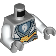 Armure de torse avec circuit orange et or et emblème avec motif imprimé cheval blanc, bras blancs, mains gris bleuté clair (Torso Armor with Orange and Gold Circuitry and Emblem with White Horse Print, White Arms, Light Bluish Gray Hands)