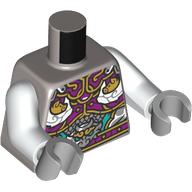 Visuel indicatif Rebrickable de Torse, or / violet foncé / turquoise foncé décorations asiatiques motif imprimé, bras blancs, mains gris bleuté clair (Torso, Gold/Dark Purple/Dark Turquoise Asian Decorations Print, White Arms, Light Bluish Gray Hands)